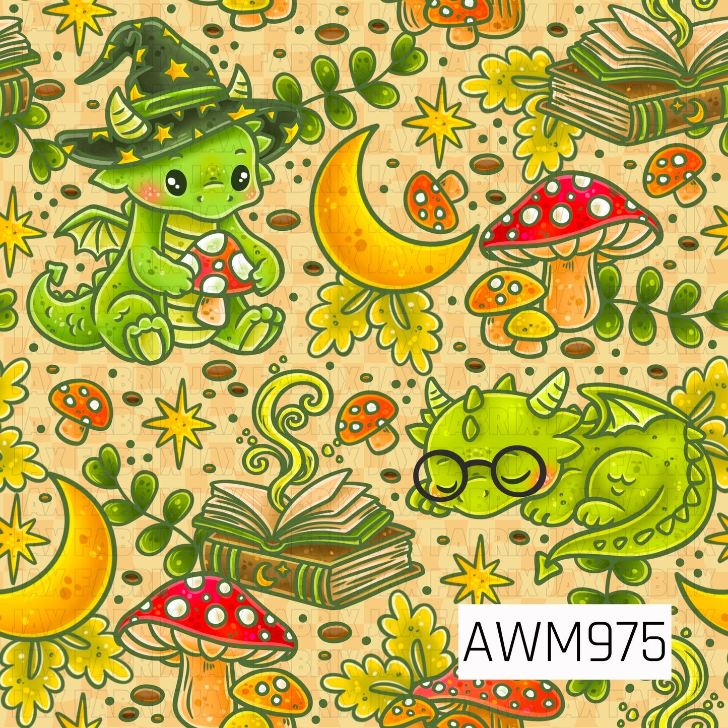 This charming seamless pattern features adorable cottagecore dragons surrounded by whimsical fantasy elements on a warm tan checkered background. The design includes cute green dragons wearing wizard hats and glasses, magical books, crescent moons, red-capped mushrooms, twinkling stars, leafy vines, and enchanted swirls. Soft earthy tones mixed with bright greens, reds, and golds create a cozy storybook aesthetic that blends fantasy, nature, and magic. Perfect for fabric, apparel, accessories
