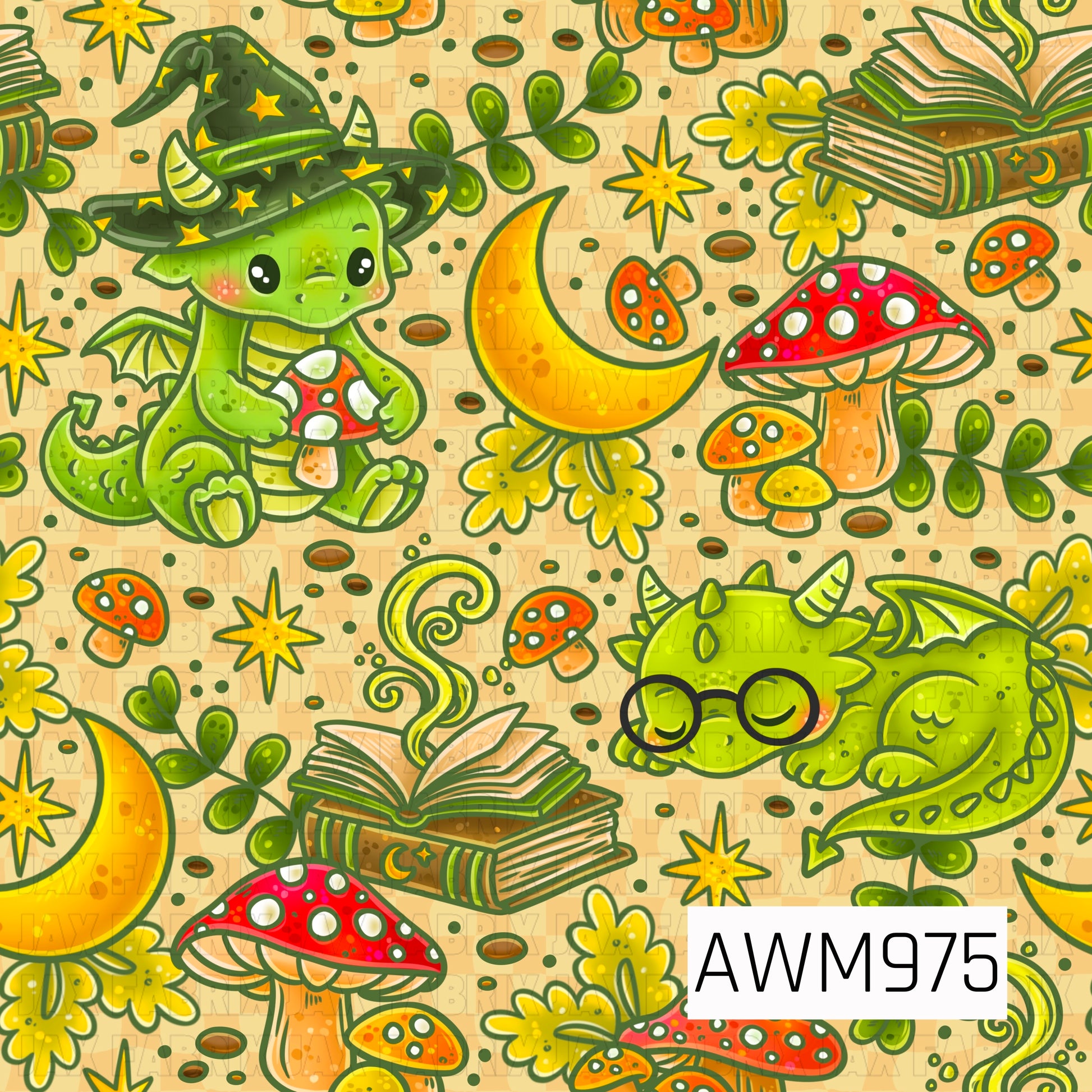 This charming seamless pattern features adorable cottagecore dragons surrounded by whimsical fantasy elements on a warm tan checkered background. The design includes cute green dragons wearing wizard hats and glasses, magical books, crescent moons, red-capped mushrooms, twinkling stars, leafy vines, and enchanted swirls. Soft earthy tones mixed with bright greens, reds, and golds create a cozy storybook aesthetic that blends fantasy, nature, and magic. Perfect for fabric, apparel, accessories