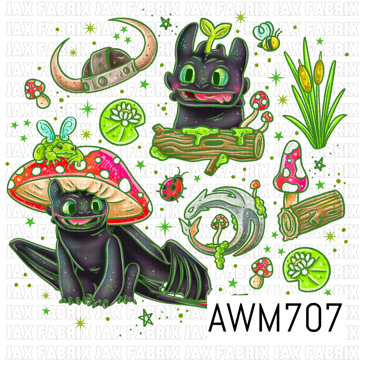 Fantasy Dragon Forest PNG Bundle featuring adorable black and light dragons, whimsical mushrooms, lily pads, cattails, buzzing bees, ladybugs, enchanted logs, a Viking helmet, and magical woodland accents. These vibrant, high-quality PNG elements are perfect for sublimation, stickers, shirts, tumblers, nursery décor, and fantasy-themed craft projects.
