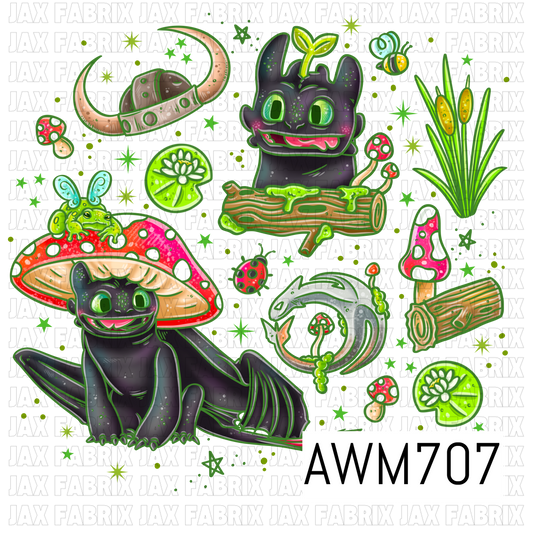 Fantasy Dragon Forest PNG Bundle featuring adorable black and light dragons, whimsical mushrooms, lily pads, cattails, buzzing bees, ladybugs, enchanted logs, a Viking helmet, and magical woodland accents. These vibrant, high-quality PNG elements are perfect for sublimation, stickers, shirts, tumblers, nursery décor, and fantasy-themed craft projects.