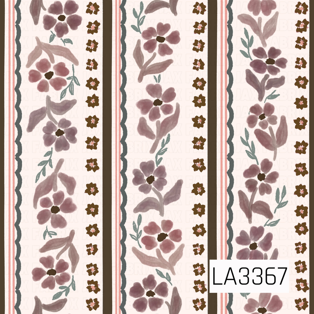 A charming vintage-inspired floral stripe featuring hand-painted mauve and dusty rose flowers, soft sage greenery, and delicate brown blossoms on a warm ivory background. Vertical chocolate brown stripes, wavy sage borders, and thin blush pink lines create a sweet, cottage-style ribbon pattern.