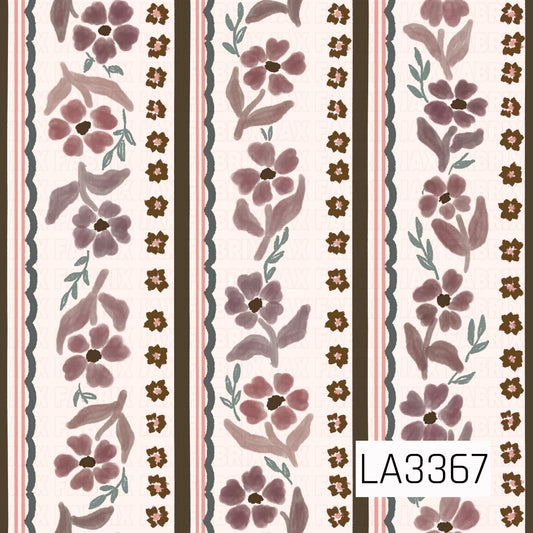 A charming vintage-inspired floral stripe featuring hand-painted mauve and dusty rose flowers, soft sage greenery, and delicate brown blossoms on a warm ivory background. Vertical chocolate brown stripes, wavy sage borders, and thin blush pink lines create a sweet, cottage-style ribbon pattern.