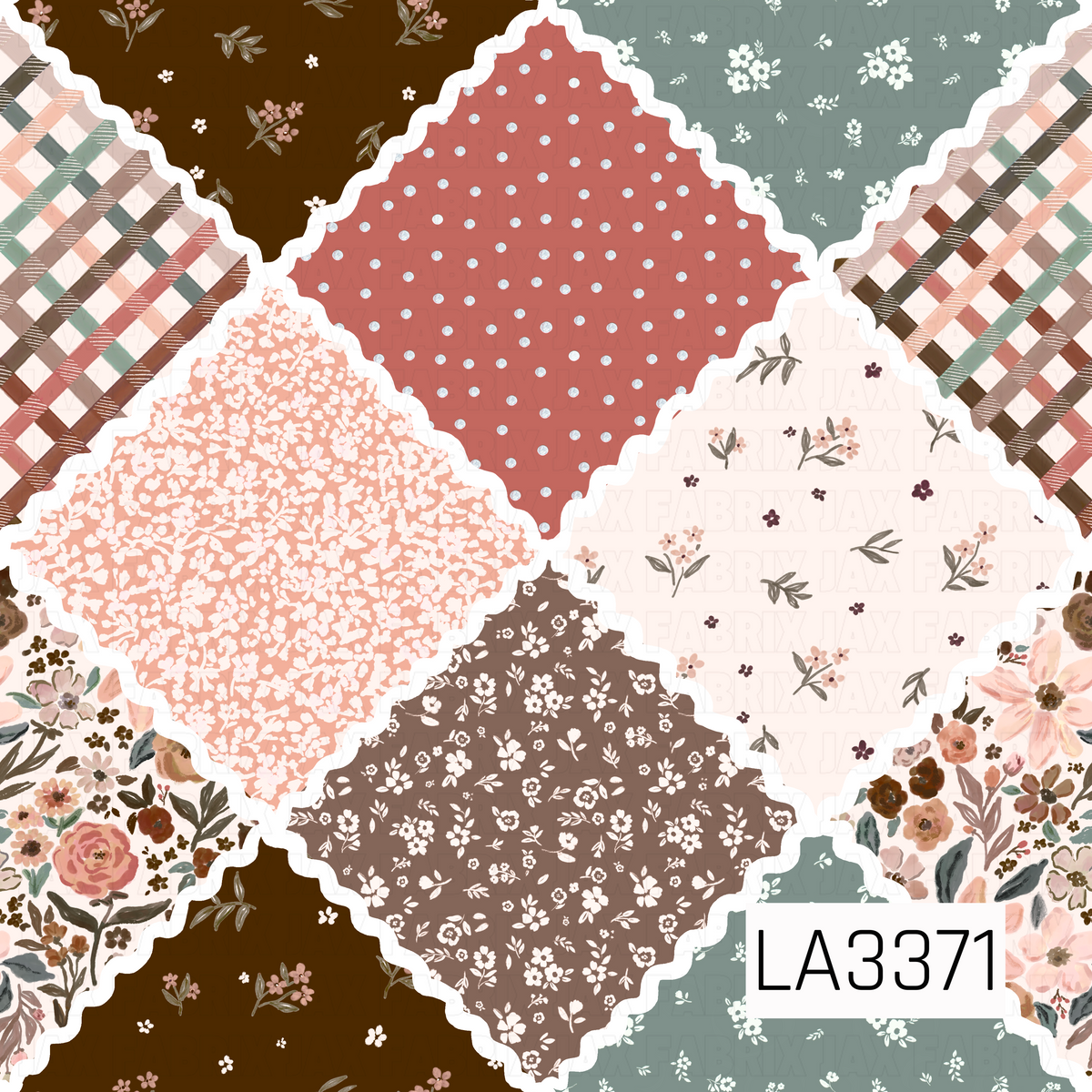 A charming cottage-inspired patchwork featuring alternating diamond-shaped sections of delicate florals, soft plaids, tiny blossoms, and playful polka dots. Scalloped white rickrack borders separate each pattern, bringing together warm peach, dusty rose, sage green, chocolate brown, and muted terracotta for a cozy, vintage quilt-inspired look.