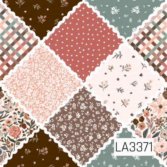 A charming cottage-inspired patchwork featuring alternating diamond-shaped sections of delicate florals, soft plaids, tiny blossoms, and playful polka dots. Scalloped white rickrack borders separate each pattern, bringing together warm peach, dusty rose, sage green, chocolate brown, and muted terracotta for a cozy, vintage quilt-inspired look.