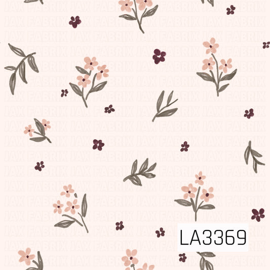 A delicate cottage-inspired floral pattern featuring scattered bouquets of soft peach blossoms, muted sage green leaves, and tiny deep plum flowers on a warm ivory background. The hand-painted brushstroke details give this design a sweet, vintage feel.