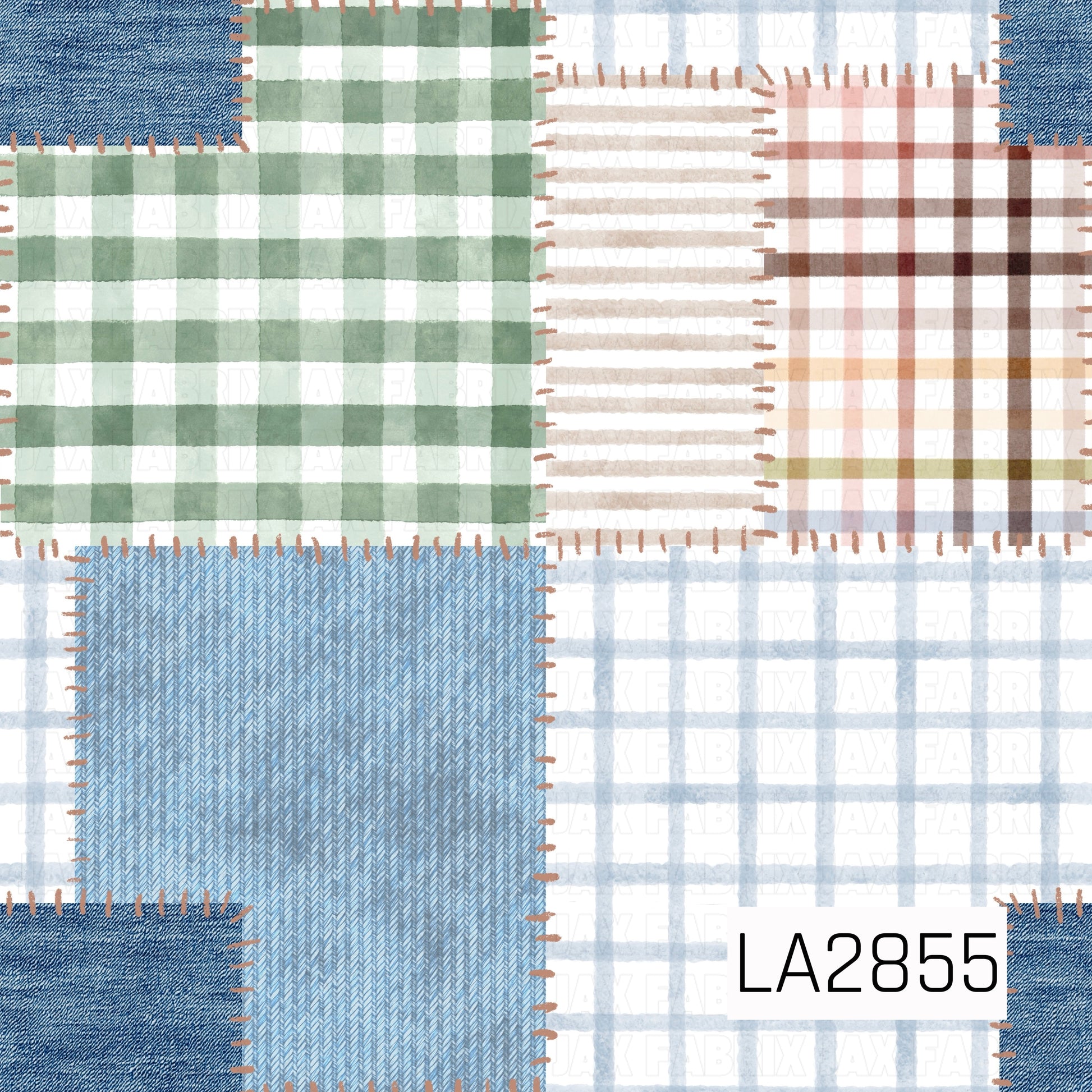 country style patchwork design, blue denim, green gingham, blue plaid, beige plaid, and mixed brown plaid put together in a patchwork