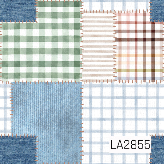 country style patchwork design, blue denim, green gingham, blue plaid, beige plaid, and mixed brown plaid put together in a patchwork
