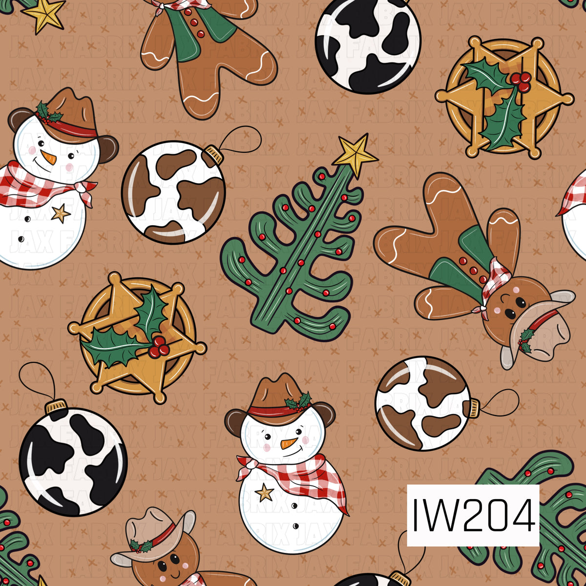 A playful western Christmas pattern featuring cowboy snowmen wearing brown hats and red plaid bandanas, gingerbread cowboys, cow-print ornaments, golden sheriff badges decorated with holly, and green cactus Christmas trees topped with gold stars. Set against a warm caramel brown background with scattered hand-drawn X details for a fun, rustic holiday feel.