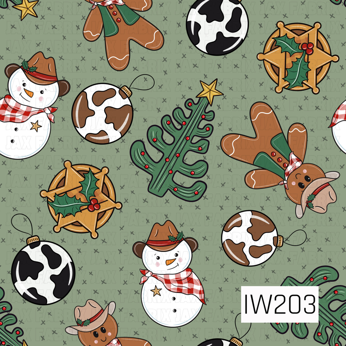 A playful western Christmas pattern featuring cowboy snowmen in brown hats and red plaid bandanas, gingerbread cowboys, cow-print ornaments, rustic sheriff stars accented with holly, and cactus Christmas trees decorated with red ornaments and gold stars. Scattered across a muted sage green background with tiny hand-drawn X details for a festive country Christmas feel.