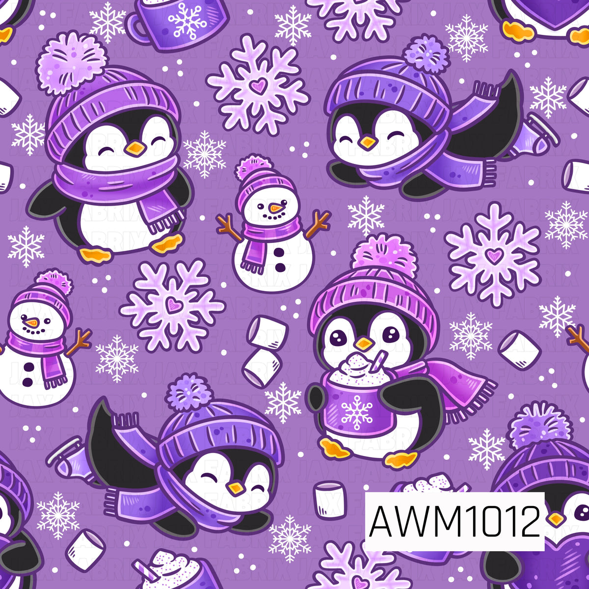 A playful seamless winter pattern featuring adorable penguins bundled in purple hats and scarves, cozy hot cocoa, cheerful snowmen, marshmallows, and whimsical snowflakes. A soft purple background and bright pops of violet give this snowy design a fun, colorful feel.