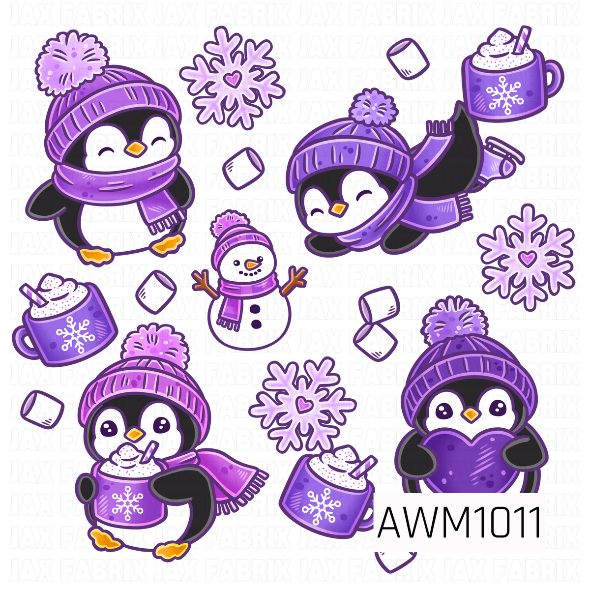 A cute winter PNG featuring playful penguins bundled up in purple hats and scarves, surrounded by snowflakes, marshmallows, hot cocoa, and a cheerful snowman. The bright purple palette gives this cozy winter design a fun, colorful twist.