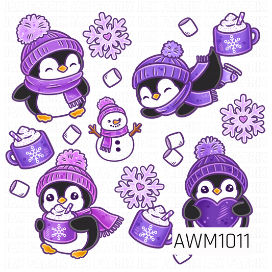 A cute winter PNG featuring playful penguins bundled up in purple hats and scarves, surrounded by snowflakes, marshmallows, hot cocoa, and a cheerful snowman. The bright purple palette gives this cozy winter design a fun, colorful twist.
