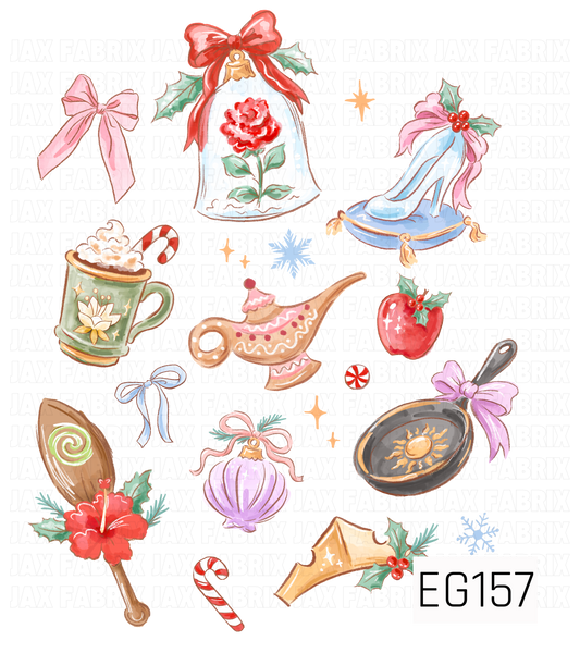 A whimsical holiday collection featuring princess-inspired treasures, including a glass slipper, enchanted rose, seashell, lamp, frying pan, and floral brush, accented with bows, holly, candy canes, and sparkling details.

