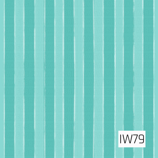 A refreshing aqua and turquoise vertical stripe pattern featuring alternating shades of light minty teal and deeper turquoise. Thin, slightly uneven white lines separate the stripes, adding a soft hand-painted texture. The subtle variations in color and gently distressed edges give this classic cabana-inspired design a playful, relaxed feel.