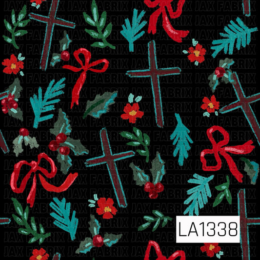 This seamless design features rustic hand-drawn crosses scattered among bright red bows, holly berries, small florals and evergreen sprigs. Rich reds, teal, green and deep burgundy create a colorful faith-inspired Christmas pattern.
