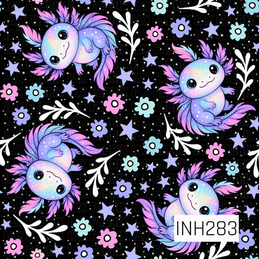 Colorful axolotl pattern on a black background with flowers and stars.