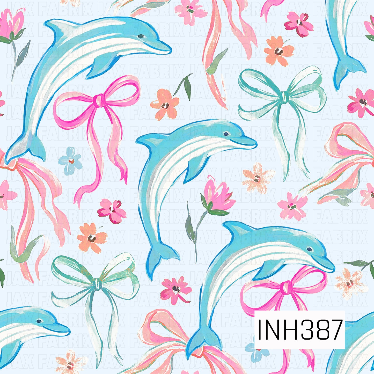 A playful coastal pattern featuring watercolor dolphins swimming among flowing ribbons, dainty bows, and scattered wildflowers on a soft pale blue background. Bright shades of turquoise, pink, coral, and mint give the design a cheerful seaside feel, blending nautical charm with a sweet, whimsical aesthetic.

