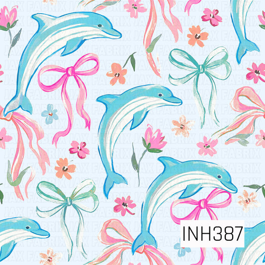 A playful coastal pattern featuring watercolor dolphins swimming among flowing ribbons, dainty bows, and scattered wildflowers on a soft pale blue background. Bright shades of turquoise, pink, coral, and mint give the design a cheerful seaside feel, blending nautical charm with a sweet, whimsical aesthetic.
