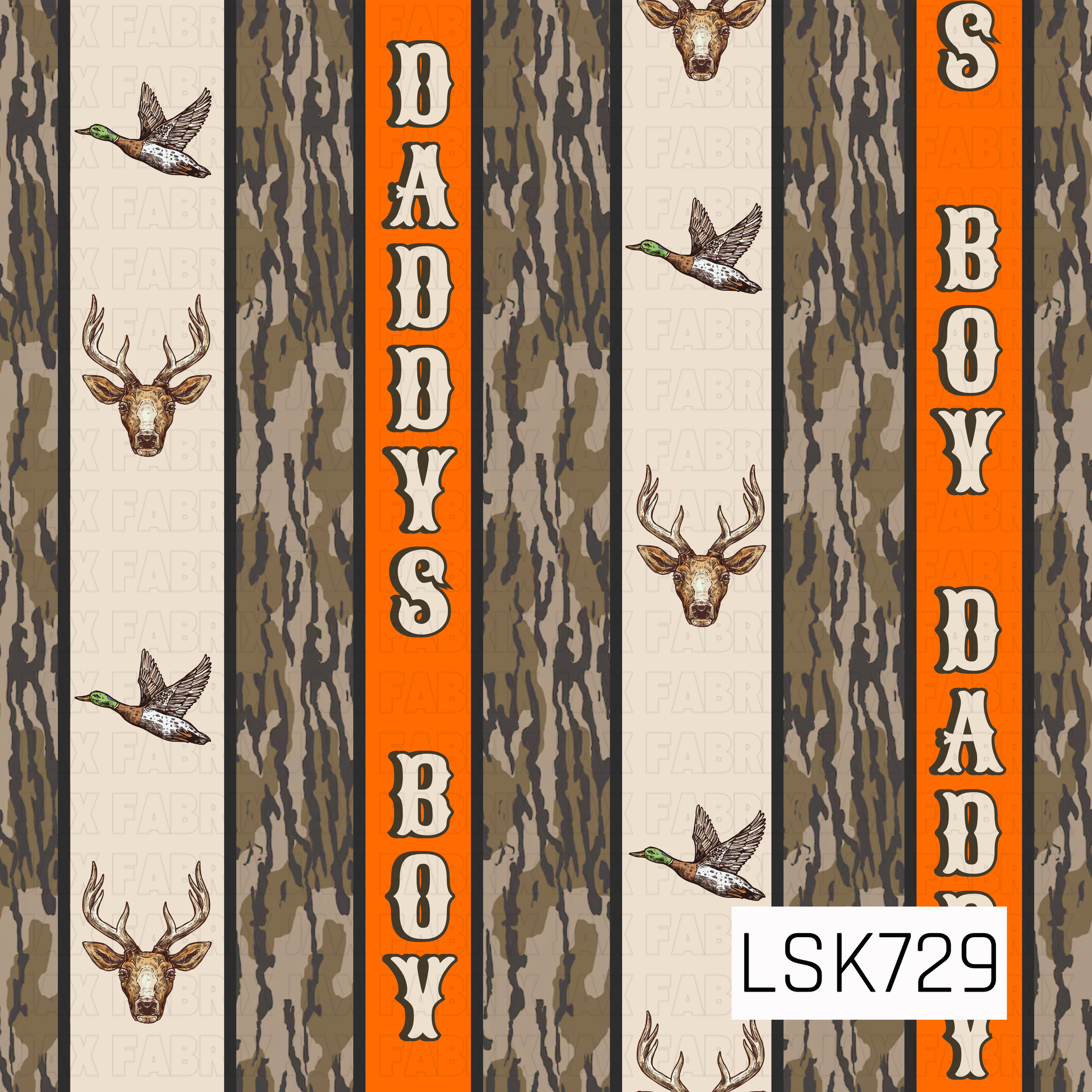 A rustic hunting-inspired seamless pattern featuring alternating vertical stripes of woodland camouflage, cream, and bright hunter orange. Detailed mallard ducks and whitetail deer are scattered throughout, while bold retro lettering spells out “Daddy’s Boy” for a classic outdoorsy look.
