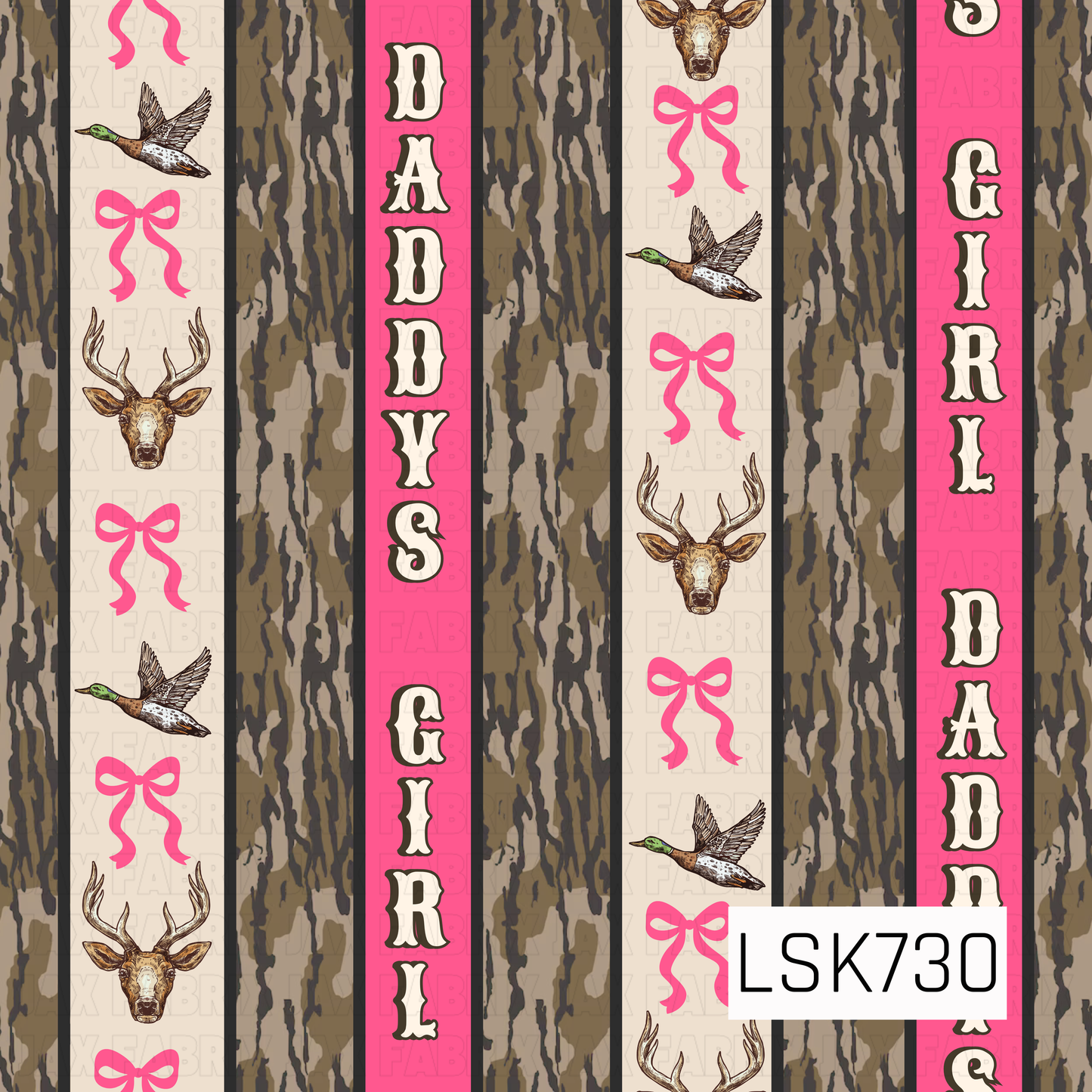 A girly hunting-inspired seamless pattern featuring alternating stripes of woodland camouflage, soft cream, and bright pink. Detailed mallard ducks and whitetail deer are mixed with playful pink bows, while bold retro lettering spells out “Daddy’s Girl” for a fun blend of outdoorsy and feminine style.
