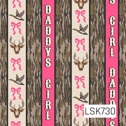 A girly hunting-inspired seamless pattern featuring alternating stripes of woodland camouflage, soft cream, and bright pink. Detailed mallard ducks and whitetail deer are mixed with playful pink bows, while bold retro lettering spells out “Daddy’s Girl” for a fun blend of outdoorsy and feminine style.
