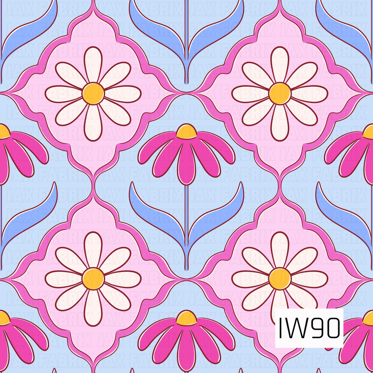 A bold, retro-inspired floral pattern featuring large white daisies with golden yellow centers nestled inside decorative pink scalloped frames. Bright pink coneflowers and flowing periwinkle blue leaves fill the spaces between, creating a symmetrical, tile-inspired design. The soft blue background, vibrant pink accents, and deep burgundy outlines give this print a playful, vintage feel with a fun geometric twist.