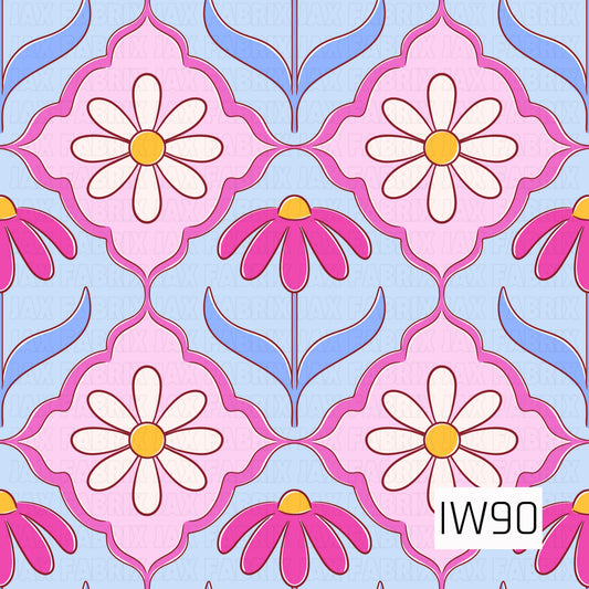 A bold, retro-inspired floral pattern featuring large white daisies with golden yellow centers nestled inside decorative pink scalloped frames. Bright pink coneflowers and flowing periwinkle blue leaves fill the spaces between, creating a symmetrical, tile-inspired design. The soft blue background, vibrant pink accents, and deep burgundy outlines give this print a playful, vintage feel with a fun geometric twist.