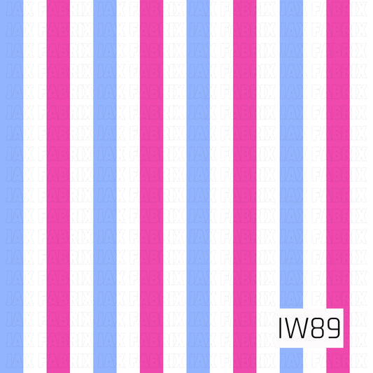A bold and playful striped pattern featuring wide vertical bands of bright hot pink, periwinkle blue, and crisp white. The evenly spaced stripes create a clean, classic cabana-style design with a fun, colorful twist. Perfect for summer projects or pairing with coordinating floral prints.
