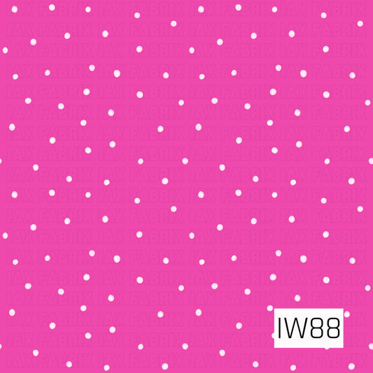 A bright and playful polka dot pattern featuring small, hand-drawn white dots scattered evenly across a vibrant hot pink background. The slightly imperfect, textured dots give the design a charming, whimsical feel, making it a fun and versatile coordinating print.