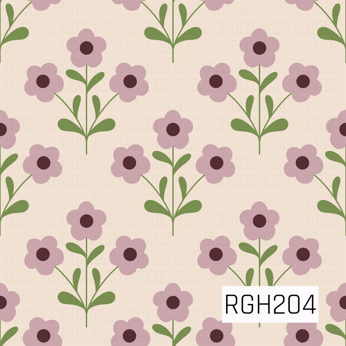 A charming retro-inspired floral pattern featuring clusters of soft dusty lilac five-petal daisies with deep plum centers. Each flower is connected by delicate sage green stems and rounded leaves, arranged in a symmetrical repeating design against a warm cream background. The muted, earthy color palette gives the print a soft, vintage feel.