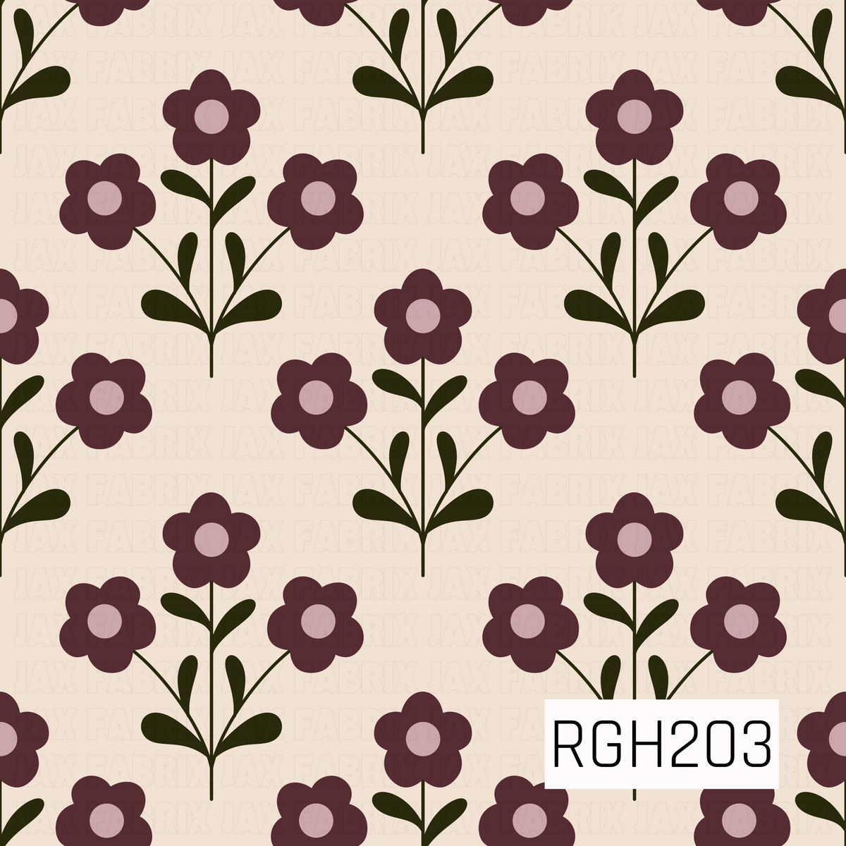 A charming retro-inspired floral pattern featuring clusters of deep plum five-petal daisies with soft dusty mauve centers. Each flower is connected by delicate stems and rounded dark olive green leaves, arranged in a symmetrical repeating design against a warm cream background. The rich, earthy color palette gives the print a cozy, vintage feel.