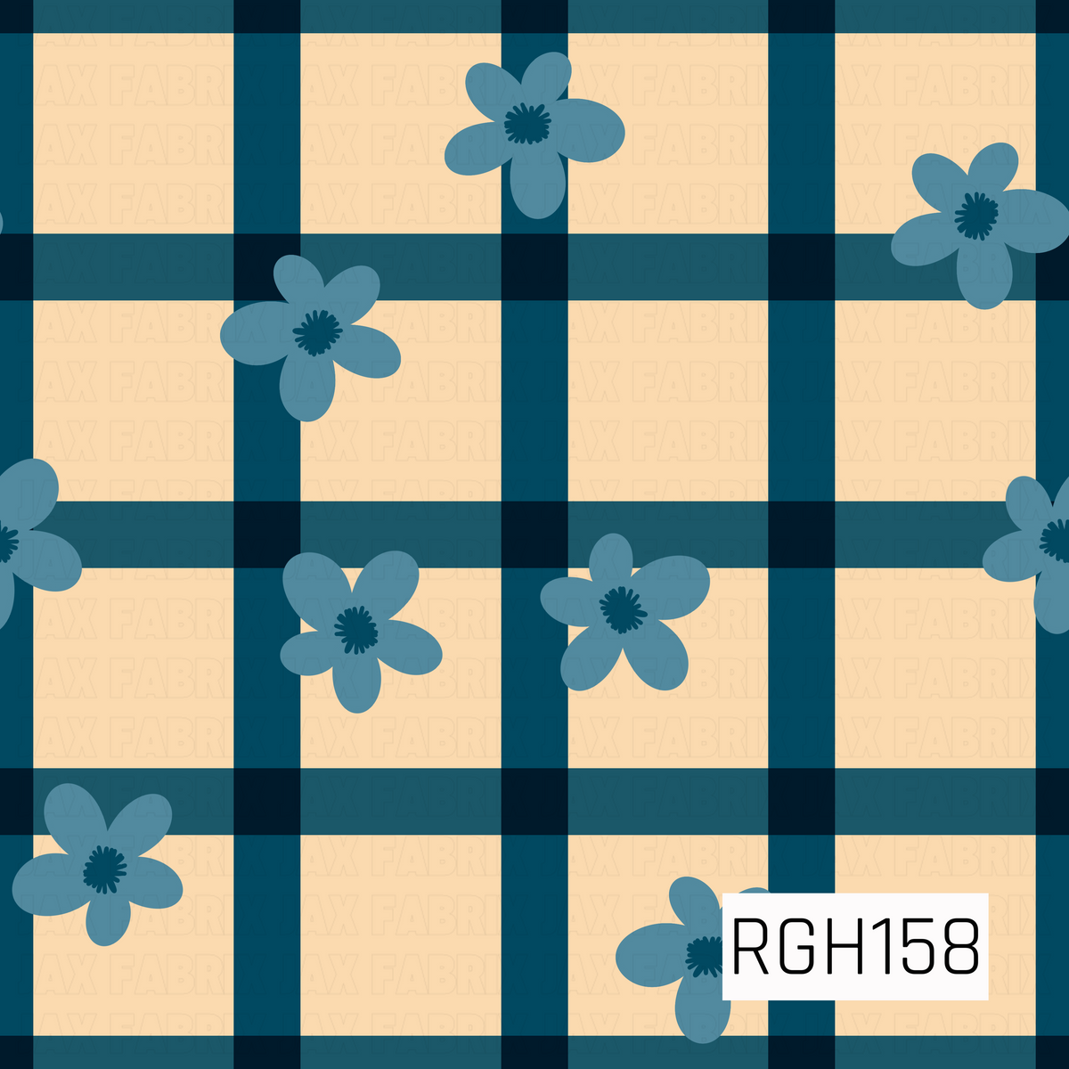 A charming floral plaid pattern featuring bold navy and deep teal intersecting stripes over a warm cream background. Scattered dusty blue five-petal daisies with dark navy centers add a playful, retro-inspired touch to the classic plaid design.