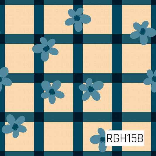A charming floral plaid pattern featuring bold navy and deep teal intersecting stripes over a warm cream background. Scattered dusty blue five-petal daisies with dark navy centers add a playful, retro-inspired touch to the classic plaid design.