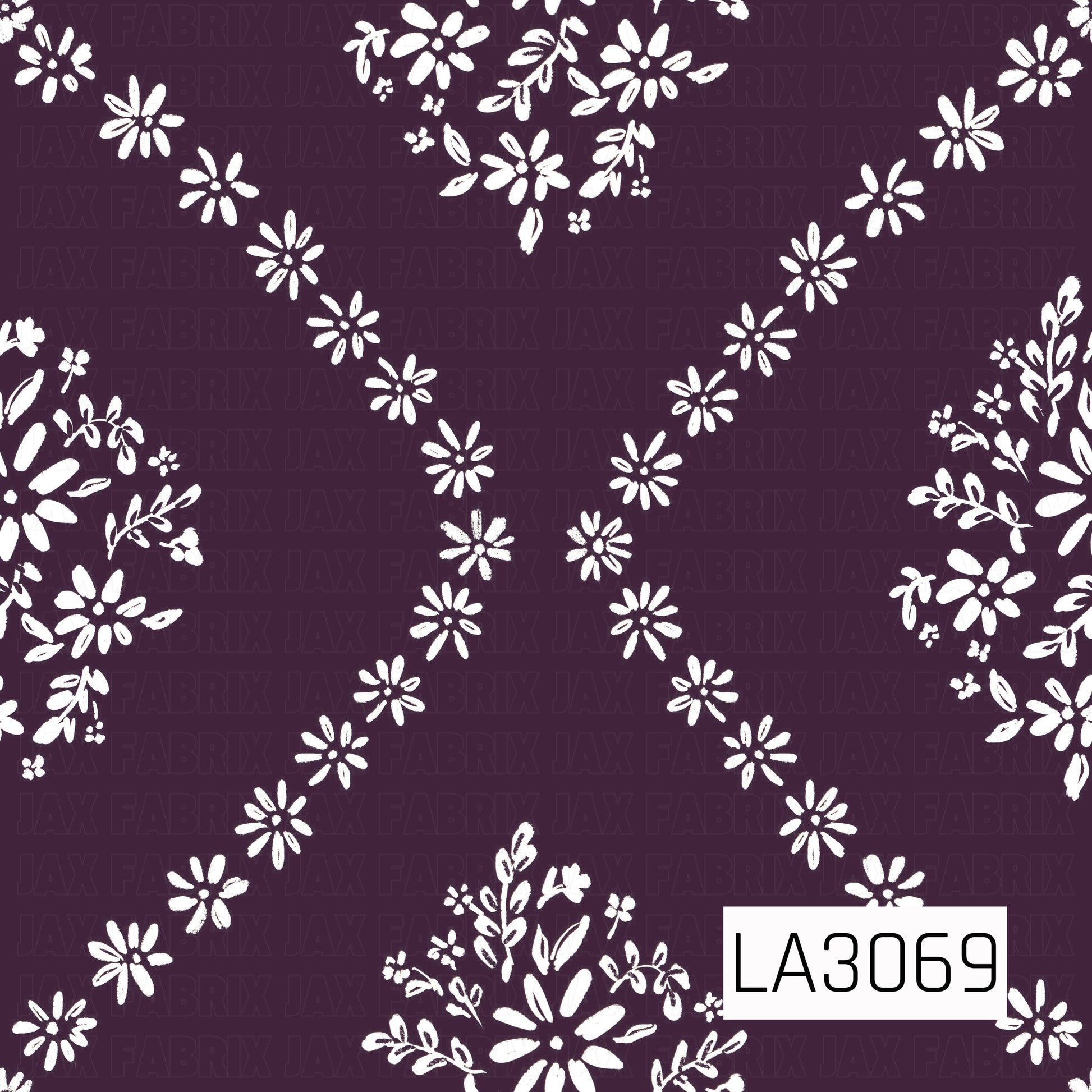 A delicate floral geometric pattern featuring white hand-drawn daisies and leafy wildflower sprigs arranged into repeating diamond shapes. The soft ivory florals stand out against a rich dark plum purple background, creating a charming mix of feminine botanical style and structured symmetry.

