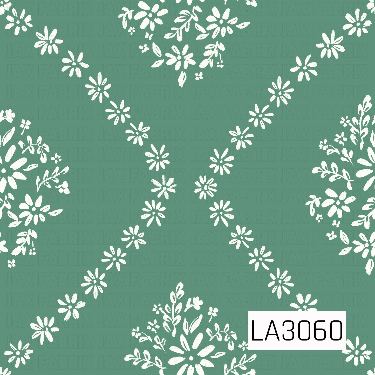 A charming hand-painted daisy pattern featuring creamy white florals and delicate botanical sprigs arranged in a flowing geometric diamond design over a rich meadow green background. The scattered bouquets and softly textured brushwork give it a fresh, whimsical cottage-inspired feel.
