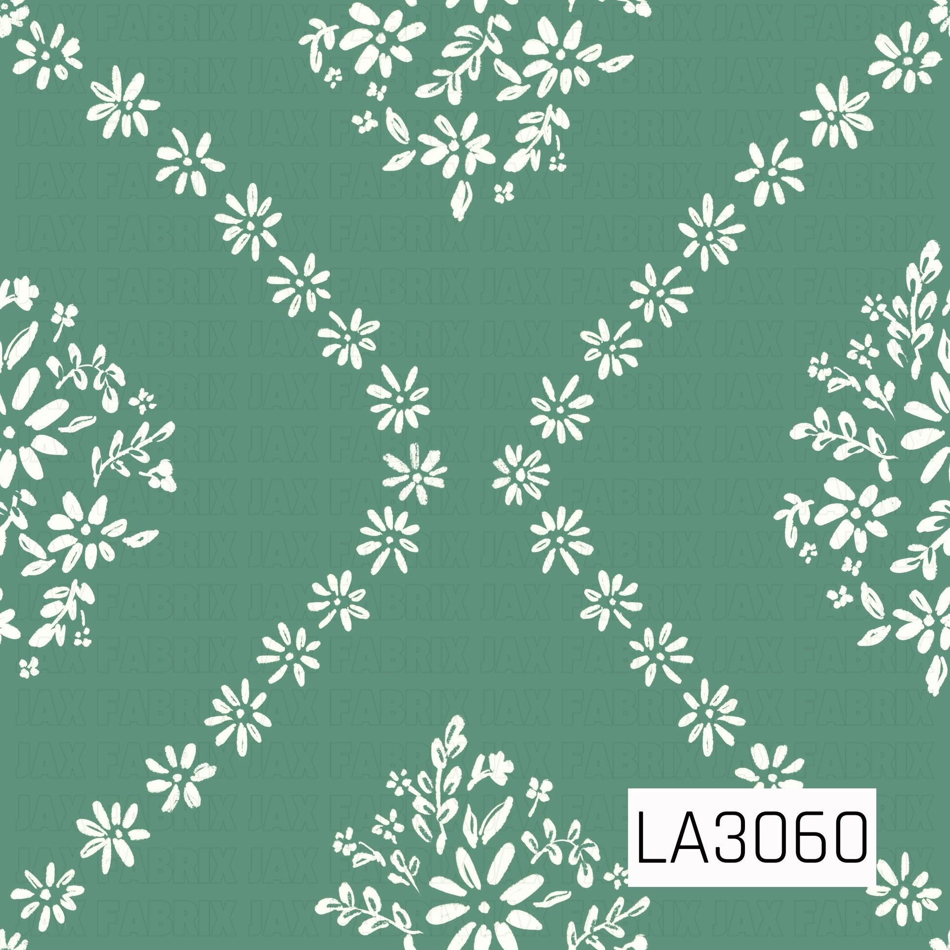 A charming hand-painted daisy pattern featuring creamy white florals and delicate botanical sprigs arranged in a flowing geometric diamond design over a rich meadow green background. The scattered bouquets and softly textured brushwork give it a fresh, whimsical cottage-inspired feel.
