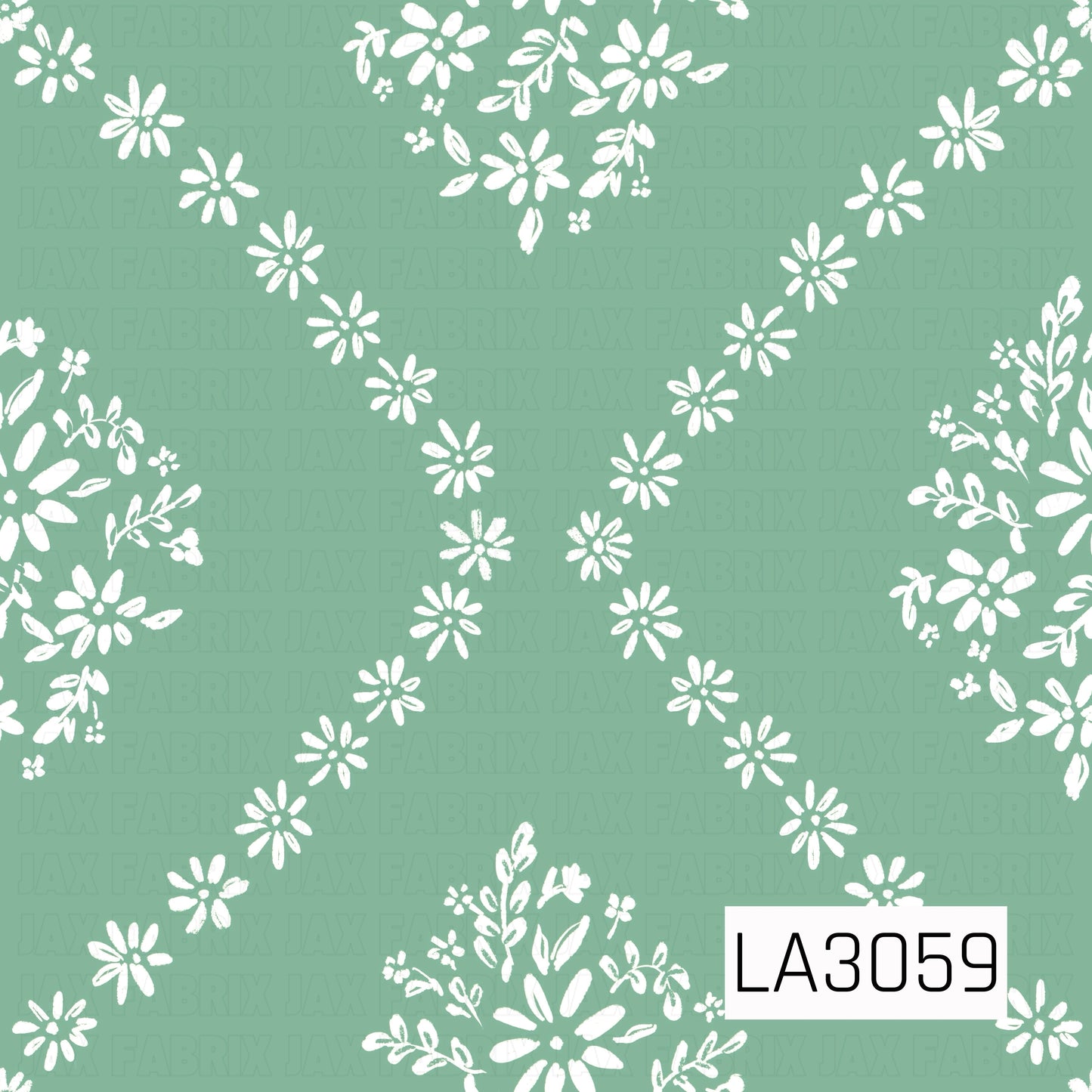 A fresh geometric floral featuring creamy white daisies and delicate leafy bouquets arranged in a loose diamond lattice across a soft sage green background. The hand-painted, slightly textured florals give the design a sweet vintage cottage feel.
