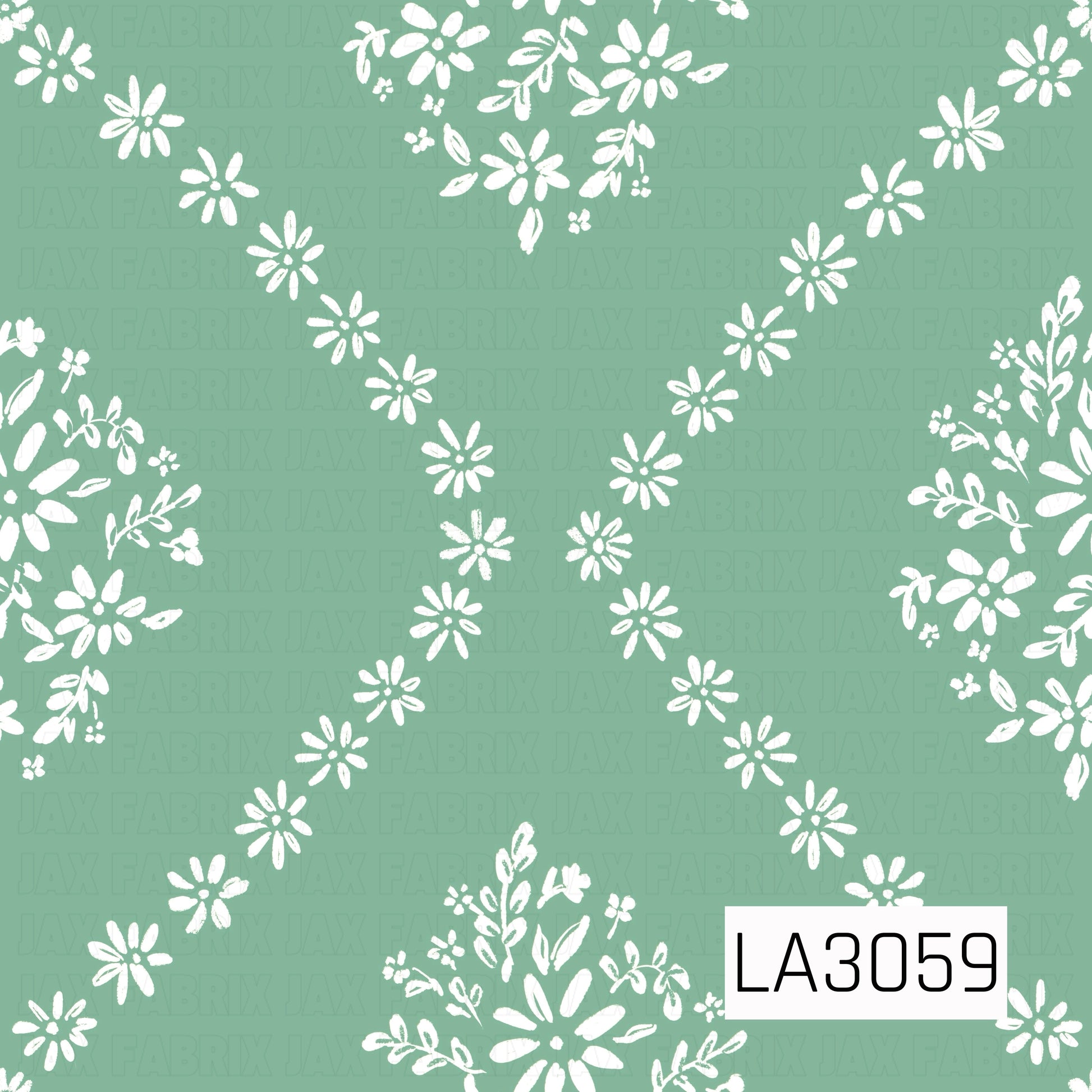 A fresh geometric floral featuring creamy white daisies and delicate leafy bouquets arranged in a loose diamond lattice across a soft sage green background. The hand-painted, slightly textured florals give the design a sweet vintage cottage feel.
