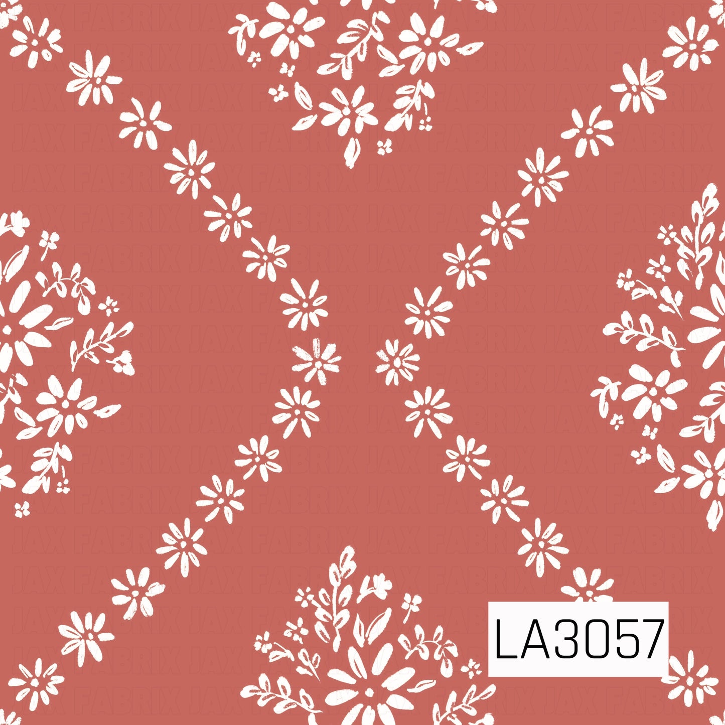 A playful geometric floral featuring creamy white daisies and leafy bouquets arranged in a loose diamond lattice across a warm terra cotta background. The hand-painted texture gives it a charming vintage folk-art feel.
