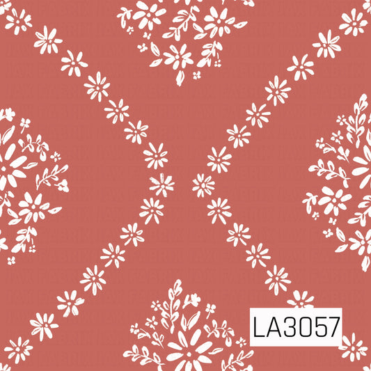 A playful geometric floral featuring creamy white daisies and leafy bouquets arranged in a loose diamond lattice across a warm terra cotta background. The hand-painted texture gives it a charming vintage folk-art feel.
