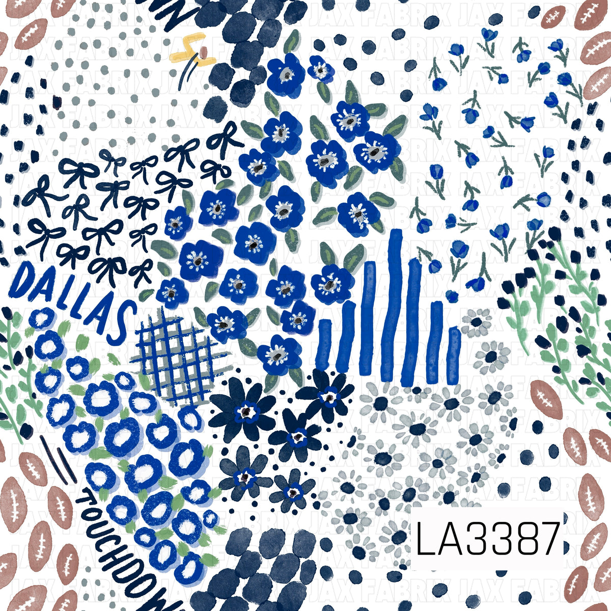 A playful Dallas football-inspired print featuring bold royal blue, navy, gray, and white. Hand-painted florals, bows, footballs, scattered dots, stripes, plaid accents, and “Dallas” and “Touchdown” lettering come together for a fun, artsy game day design.
