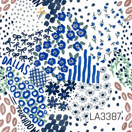 A playful Dallas football-inspired print featuring bold royal blue, navy, gray, and white. Hand-painted florals, bows, footballs, scattered dots, stripes, plaid accents, and “Dallas” and “Touchdown” lettering come together for a fun, artsy game day design.
