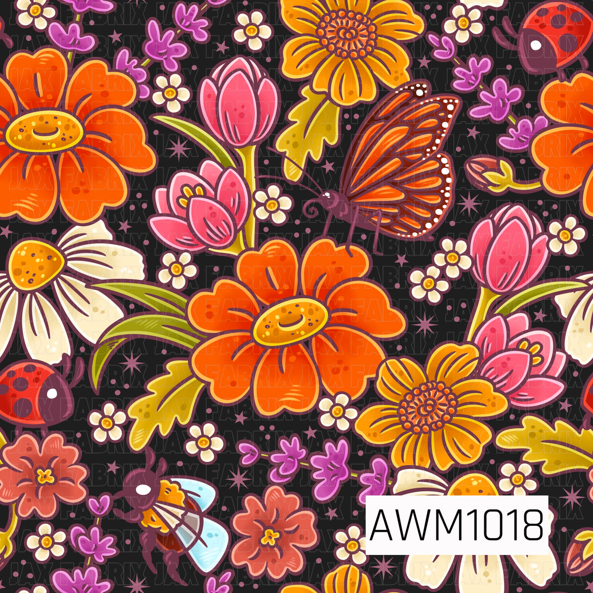 A bold retro floral pattern featuring oversized orange, golden yellow, pink, and cream flowers against a dark charcoal background. Monarch butterflies, ladybugs, bees, tiny blossoms, purple sprigs, leafy accents, and scattered stars create a colorful whimsical garden look.