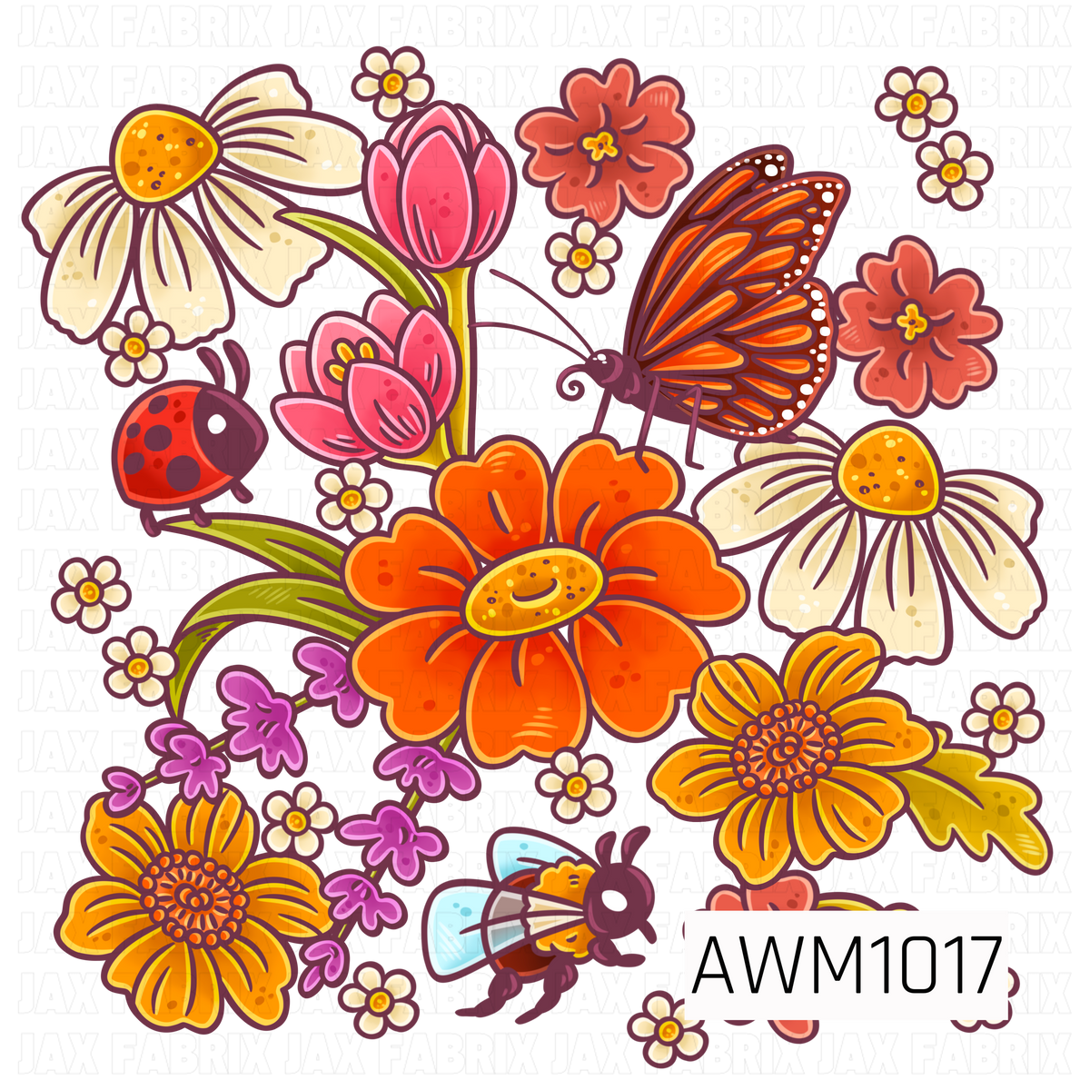 A whimsical garden PNG featuring a colorful arrangement of retro flowers in orange, pink, cream, and golden yellow. A monarch butterfly, ladybug, bee, tiny blossoms, and leafy sprigs complete the bright meadow-inspired design.