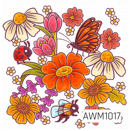 A whimsical garden PNG featuring a colorful arrangement of retro flowers in orange, pink, cream, and golden yellow. A monarch butterfly, ladybug, bee, tiny blossoms, and leafy sprigs complete the bright meadow-inspired design.