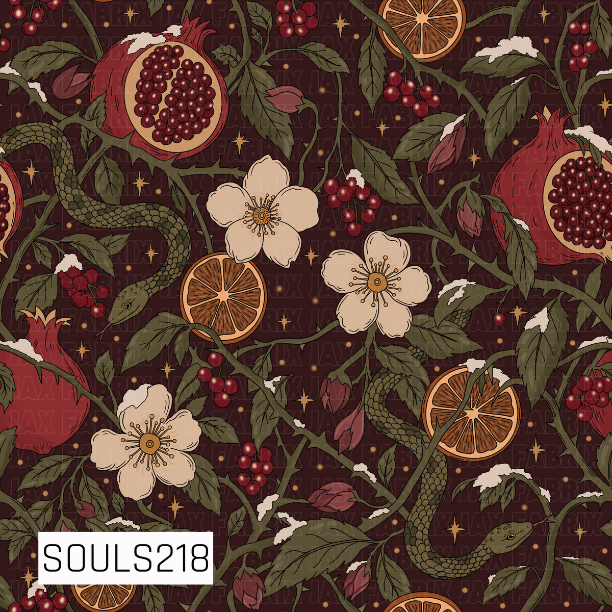 A dark, moody botanical pattern featuring rich red pomegranates, winding olive-green snakes, dried orange slices, deep red berries, and creamy florals intertwined with leafy branches. Small golden stars and scattered dots fill the deep burgundy background, while touches of snow rest along the foliage for a mysterious winter feel.
