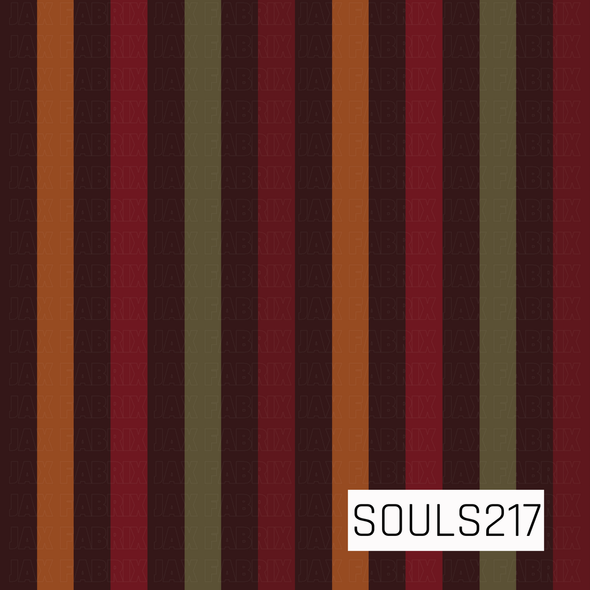 A bold vertical stripe pattern featuring rich, moody shades of deep brown, burnt orange, burgundy red, and muted olive green. The alternating wide stripes create a simple retro-inspired coordinate with a warm, earthy fall feel.
