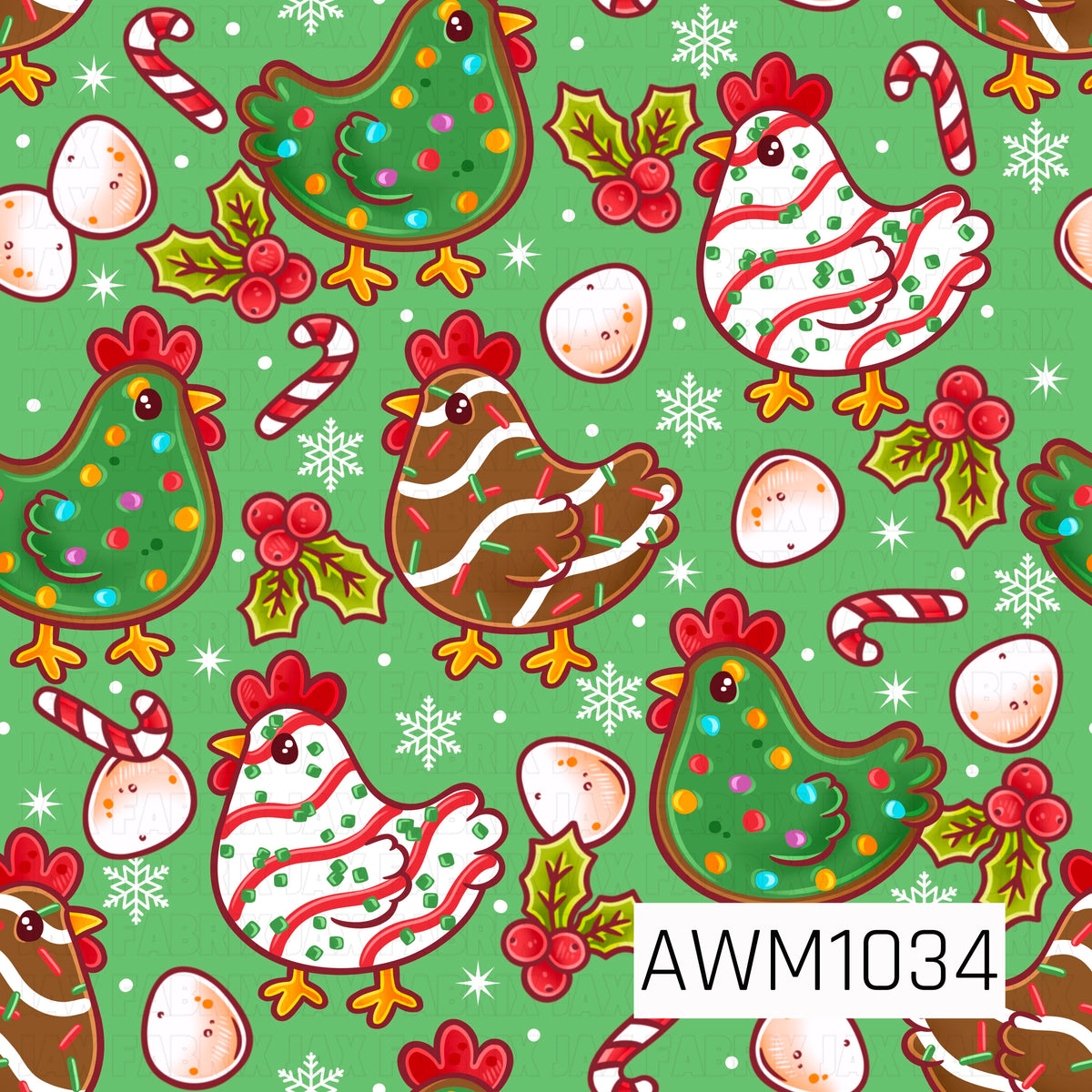 A playful Christmas pattern featuring adorable cookie-inspired chickens decorated with colorful candy sprinkles, festive icing, and bright holiday colors. Green, white, and gingerbread-brown chickens are scattered across a cheerful green background alongside red and white candy canes, holly berries, decorated eggs, and delicate white snowflakes.