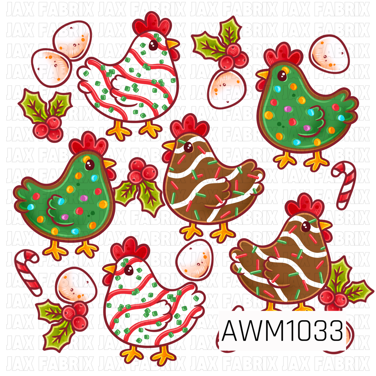 A playful Christmas design featuring adorable chickens decorated like festive holiday cookies! Each chicken is covered in colorful sprinkles, candy-inspired details, and swirls of icing in red, green, white, and brown. Scattered candy canes, holly berries, and decorated eggs add an extra touch of Christmas cheer.