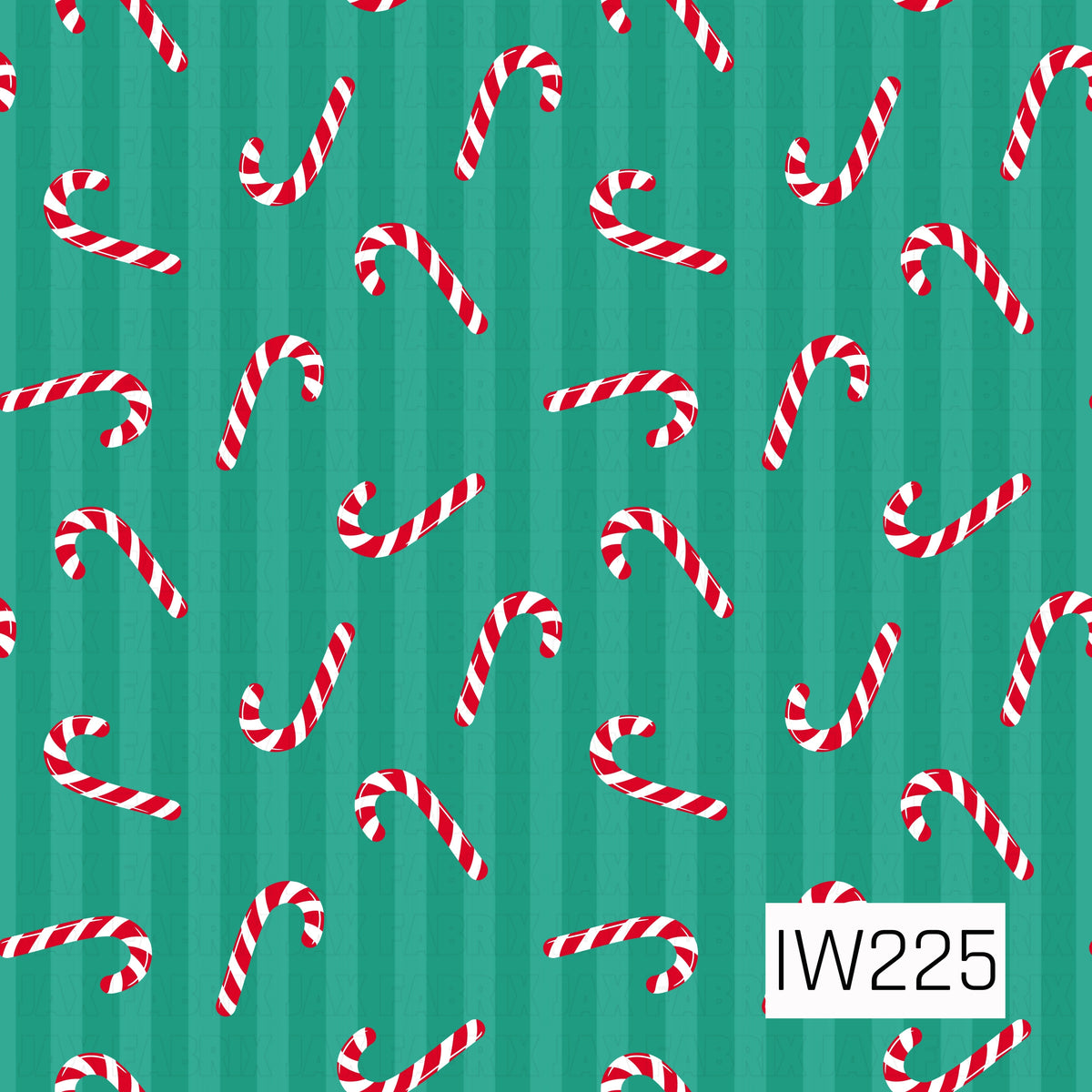 A festive seamless pattern featuring classic red and white striped candy canes scattered in different directions across a vibrant teal green background. The background has subtle vertical tonal stripes, adding a little extra texture to this playful Christmas design.
